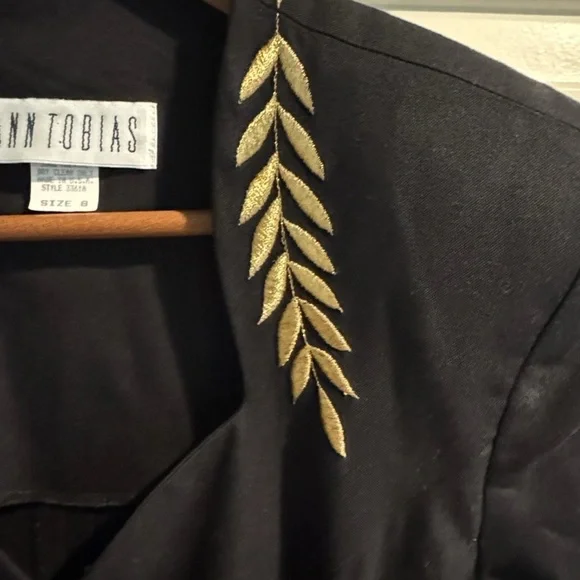 Vintage Black Midi Dress Gold Button Embroidered Trim Ann Tobias Size 8 USA - Picture 3 of 9